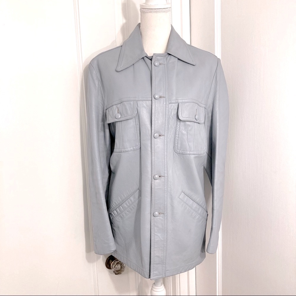 Vintage Remy Leather Blazer Jacket Button Up Baby Blue w/ pockets Size Large